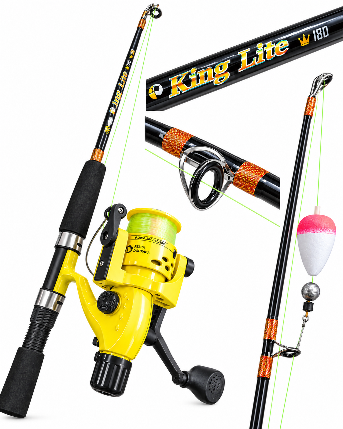 CONJUNTO PESCA DOURADA 107 (MOLINETE 3 ROLOS + VARA 1.65M) PRETO COM VERDE