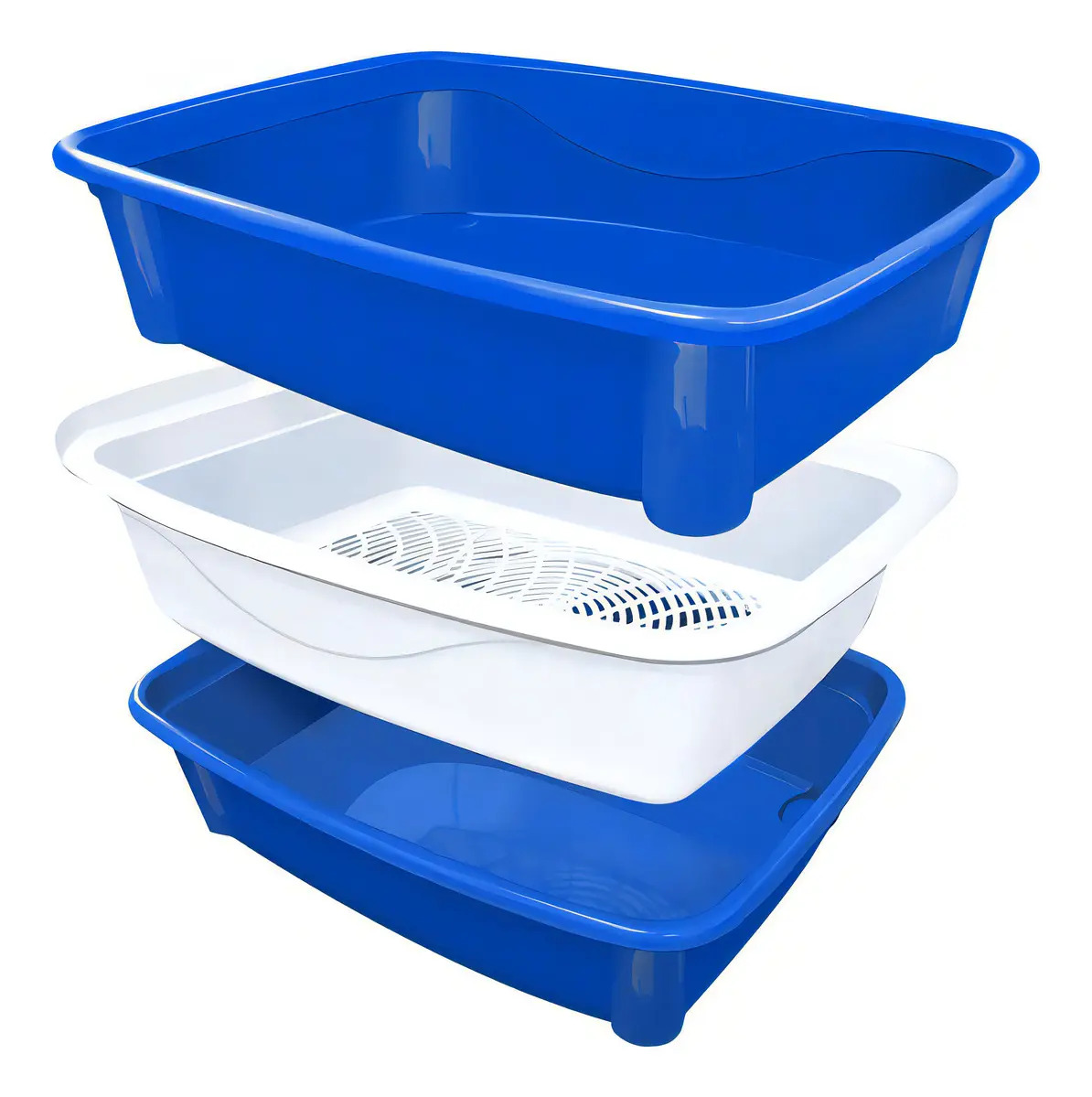 KIT CONTENDO 2 BANDEIJA DE AREIA AZUL E 1 PENEIRA BRANCA FURAÇÃO PET