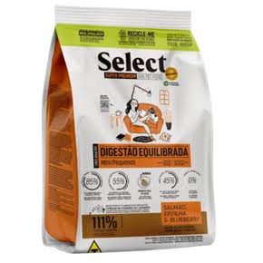 SELECT DIGESTÃO EQUILIBRADA MINI/PEQUENAS SALMÃO ERVILHA E BLUEBERRY 10,1 KGS