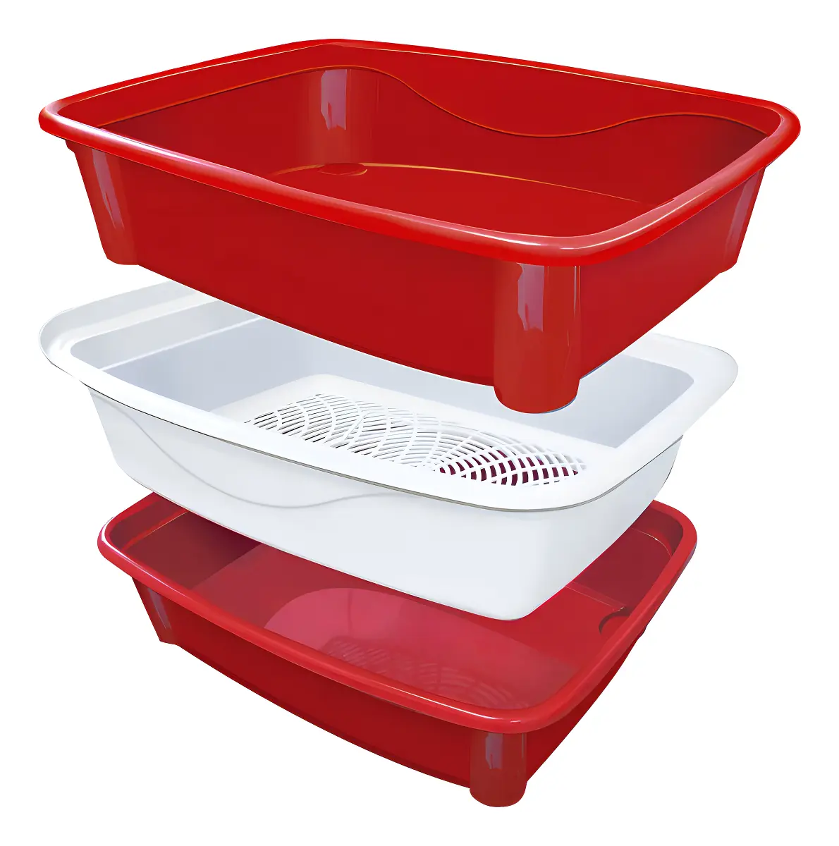 KIT CONTENDO 2 BANDEIJA DE AREIA VERMELHA E 1 PENEIRA BRANCA FURAÇÃO PET